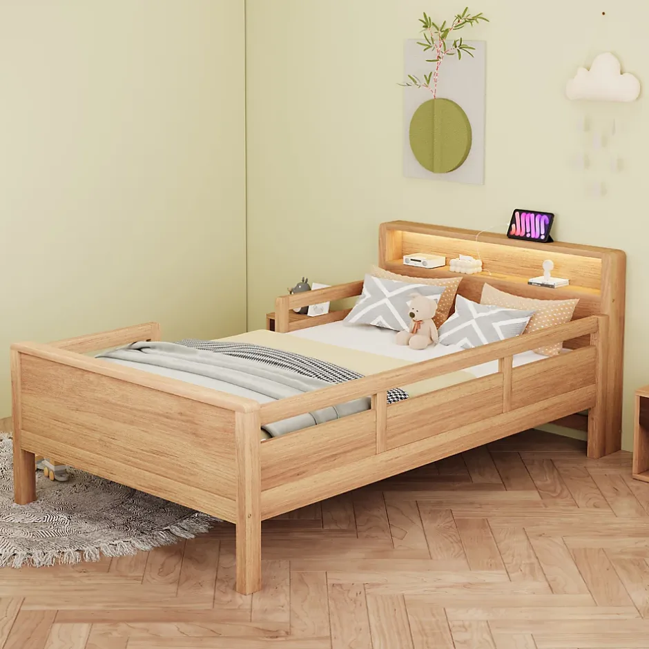 Redom Lit bois massif quatre vingt dix par deux cents avec USB Type C lampe LED tete rangement lit simple fonctionnelle bois Sale