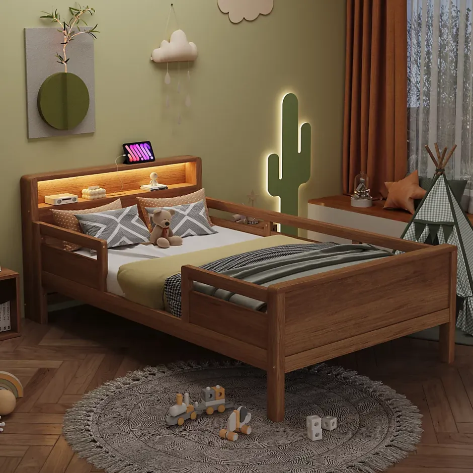 Redom Lit bois massif quatre vingt dix par deux cents avec USB Type C lampe LED tete rangement lit simple fonctionnelle bois Sale