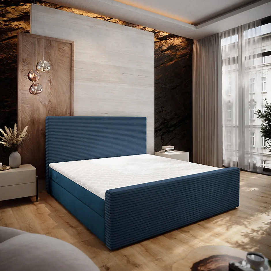 Masseno Lit Boxspring ALORIA 160X200 CM POSO 05 + KRONOS 05, Bleu, Lit avec matelas et rangement