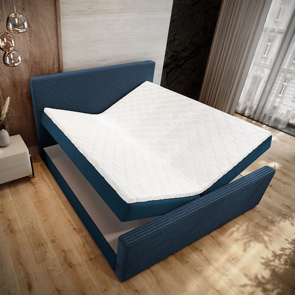 Masseno Lit Boxspring ALORIA 160X200 CM POSO 05 + KRONOS 05, Bleu, Lit avec matelas et rangement