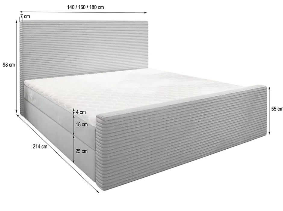 Masseno Lit Boxspring ALORIA 160X200 CM POSO 60 + PAROS 06, Gris, Lit avec matelas et rangement Discount