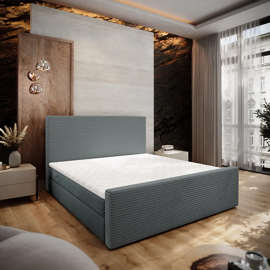 Masseno Lit Boxspring ALORIA 180X200 CM POSO 60 + PAROS 06, Gris, Lit avec matelas et rangement