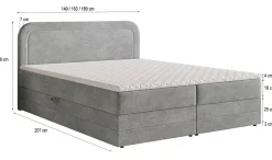 Masseno Lit Boxspring ARMEL 140X200 CM MONOLITH 84, Gris clair, Lit avec matelas et rangement Discount