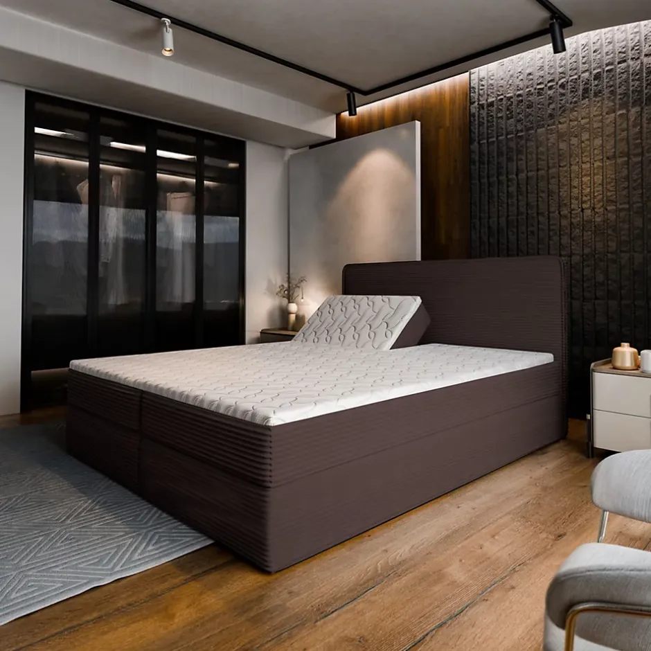 Masseno Lit Boxspring ASTOR 140X200 CM LINCOLN 29, Marron, Lit avec matelas et rangement Clearance