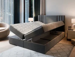 Masseno Lit Boxspring BRES 160X200 CM CASABLANCA 14, Gris clair, Lit avec matelas et rangement