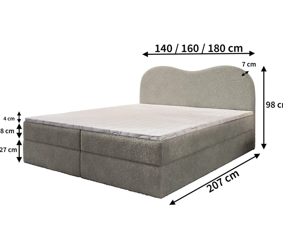 Masseno Lit Boxspring FLUVIA 180X200 CM NOW OR NEVER 83, Gris clair, Lit avec matelas et rangement Clearance