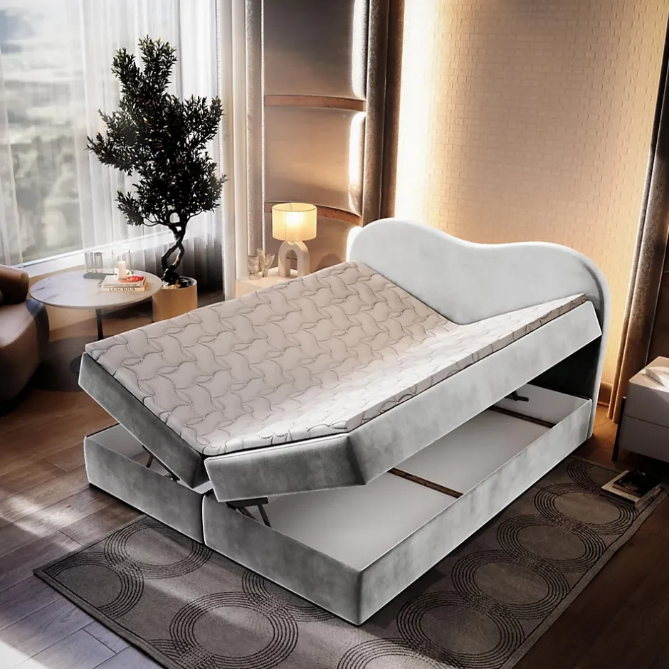Masseno Lit Boxspring FLUVIA 140X200 CM MONOLITH 84, Gris clair, Lit avec matelas et rangement Best