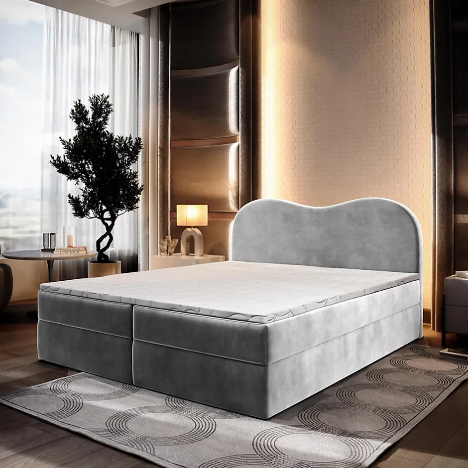 Masseno Lit Boxspring FLUVIA 140X200 CM MONOLITH 84, Gris clair, Lit avec matelas et rangement Best
