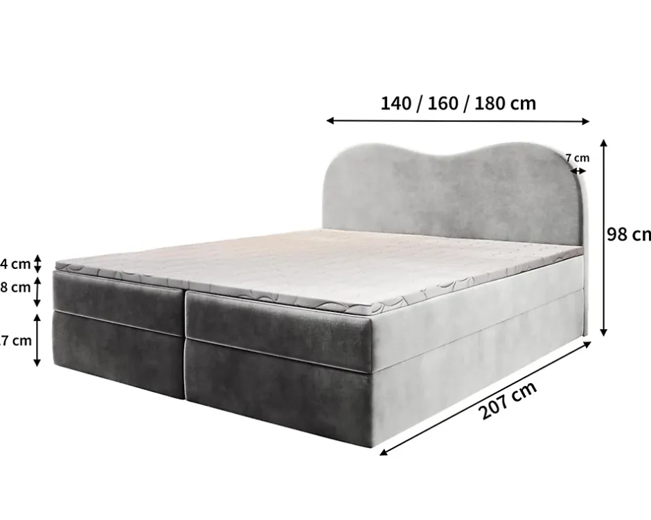 Masseno Lit Boxspring FLUVIA 140X200 CM MONOLITH 84, Gris clair, Lit avec matelas et rangement Best