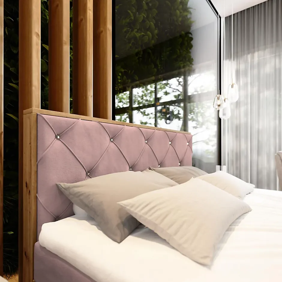 Masseno Lit Boxspring FOSCO 140X200 CM KRONOS 27, Rose, Lit avec matelas et rangement New