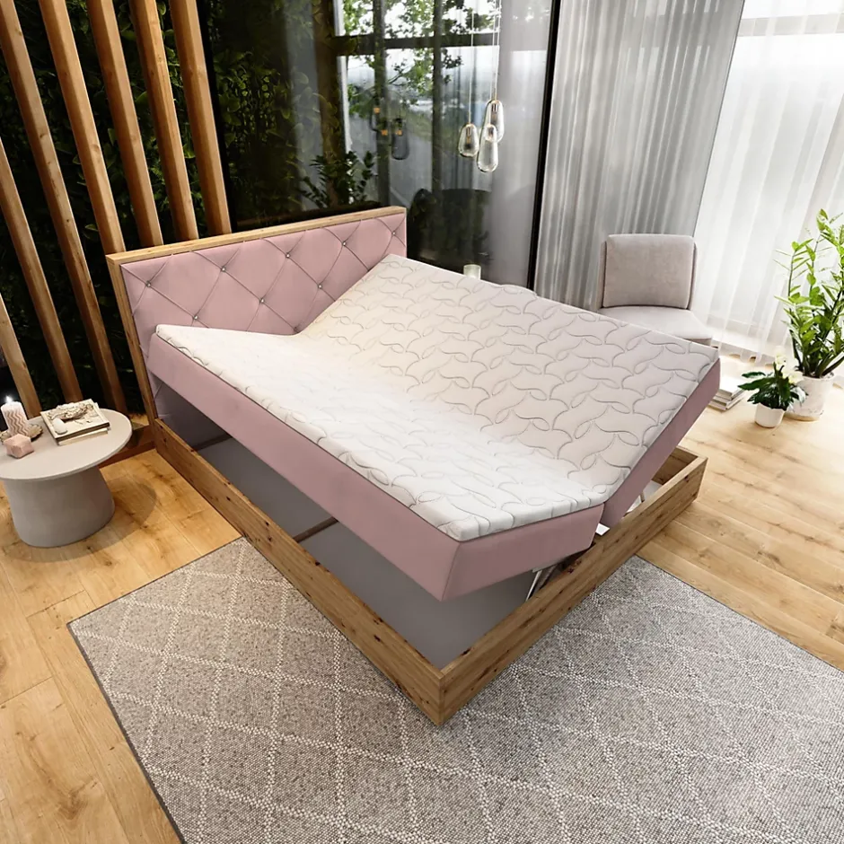 Masseno Lit Boxspring FOSCO 140X200 CM KRONOS 27, Rose, Lit avec matelas et rangement New