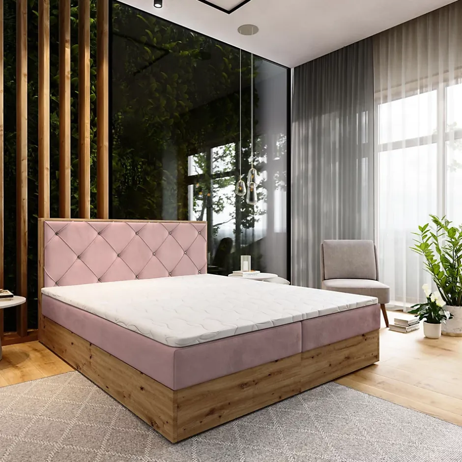 Masseno Lit Boxspring FOSCO 140X200 CM KRONOS 27, Rose, Lit avec matelas et rangement New