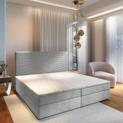 Masseno Lit Boxspring GIARRO 180X200 CM POSO 55 + PAROS 05, Gris clair, Lit avec matelas et rangement