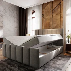 Masseno Lit Boxspring LAGO 180X200 CM SAWANA 21, Gris clair, Lit avec matelas et rangement