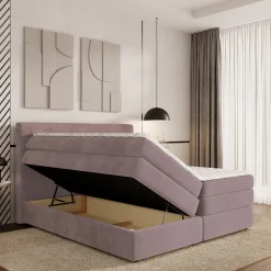 Masseno Lit Boxspring MATERN 140X200 CM POSO 27 + KRONOS 27, Rose, Lit avec matelas et rangement