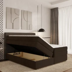 Masseno Lit Boxspring MATERN 180X200 CM POSO 06 + KRONOS 06, Marron, Lit avec matelas et rangement