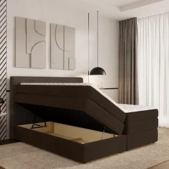 Masseno Lit Boxspring MATERN 160X200 CM POSO 06 + KRONOS 06, Marron, Lit avec matelas et rangement