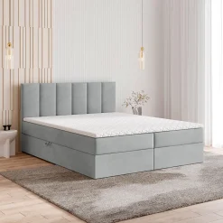Masseno Lit Boxspring MERIL 140X200 CM PAROS 05, Gris clair, Lit avec matelas et rangement