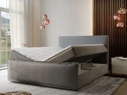 Masseno Lit Boxspring MONTA 140X200 CM LINCOLN 86, Gris clair, Lit avec matelas et rangement