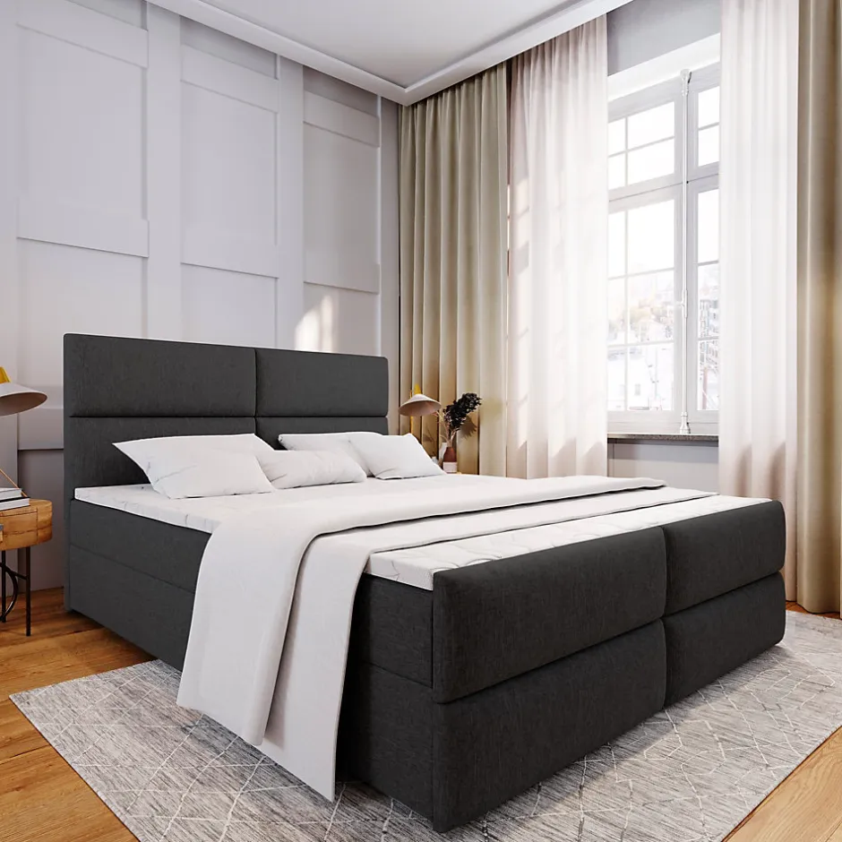 Masseno Lit Boxspring MULEN 160X200 CM SAWANA 14, Noir, Lit avec matelas et rangement