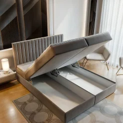 Masseno Lit Boxspring MURLO 180X200 CM KRONOS 13, Bleu, Lit avec matelas et rangement