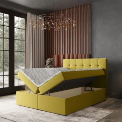 Masseno Lit Boxspring PALMA 180X200 CM SORO 40, Jaune, Lit avec matelas et rangement