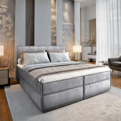 Masseno Lit Boxspring PELLIO 140X200 CM MONOLITH 84, Gris clair, Lit avec matelas et rangement