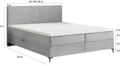 Masseno Lit Boxspring TORREL 140X200 CM POSO 60 + PAROS 06, Gris, Lit avec matelas et rangement