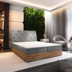 Masseno Lit Boxspring VELLANO 140X200 CM PAROS 05, Gris clair, Lit avec matelas et rangement