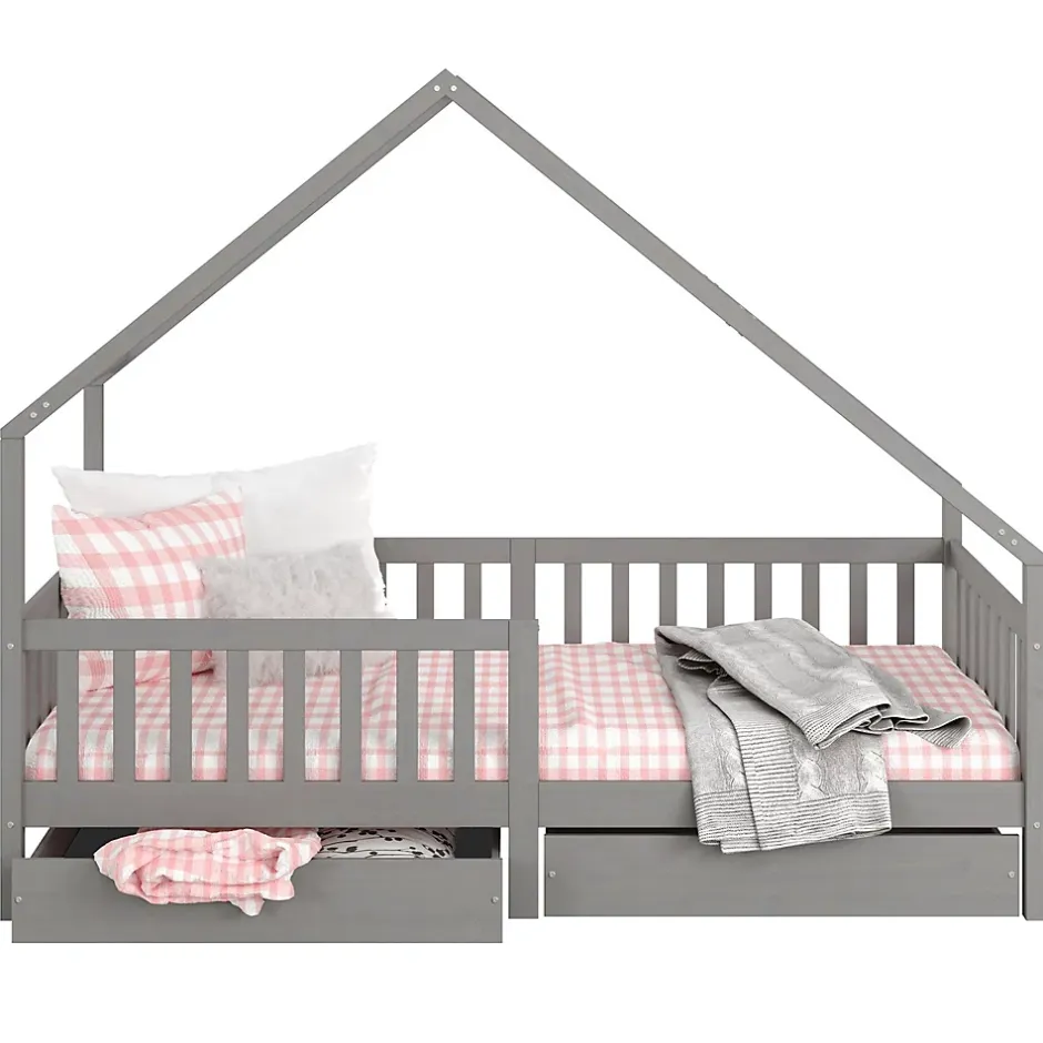 Idimex Lit cabane asymétrique ALVA avec tiroirs, 90 x 200 cm en pin massif lasuré gris Best