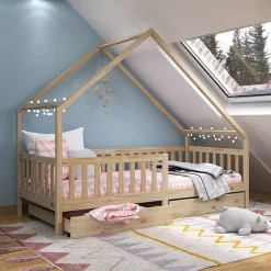 Idimex Lit cabane asymétrique ALVA avec tiroirs, 90 x 190 cm en pin massif finition naturelle Discount