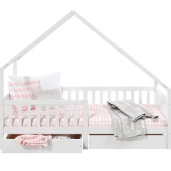 Enfant Idimex Lit cabane asymétrique ALVA avec tiroirs, 90 x 200 cm en pin massif lasuré blanc