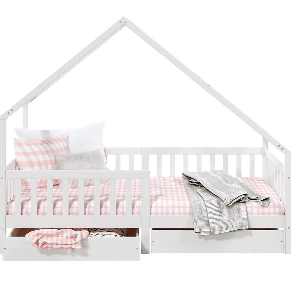 Enfant Idimex Lit cabane asymétrique ALVA avec tiroirs, 90 x 200 cm en pin massif lasuré blanc