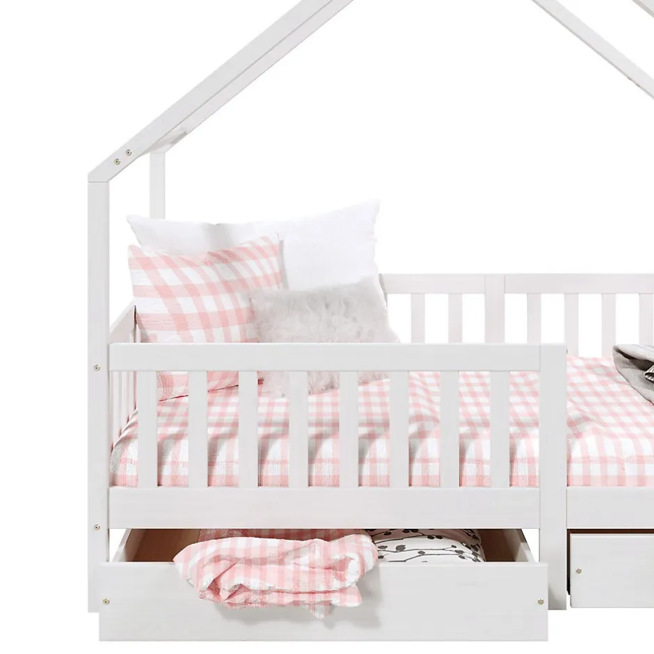 Enfant Idimex Lit cabane asymétrique ALVA avec tiroirs, 90 x 200 cm en pin massif lasuré blanc