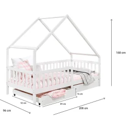 Enfant Idimex Lit cabane asymétrique ALVA avec tiroirs, 90 x 200 cm en pin massif lasuré blanc