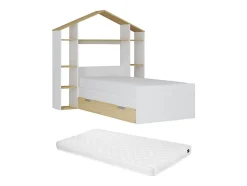 Enfant Vente-unique Lit cabane 90 x 190 cm - Coloris : Blanc et naturel + Matelas - JERACO