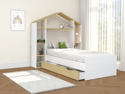 Enfant Vente-unique Lit cabane 90 x 190 cm - Coloris : Blanc et naturel + Matelas - JERACO