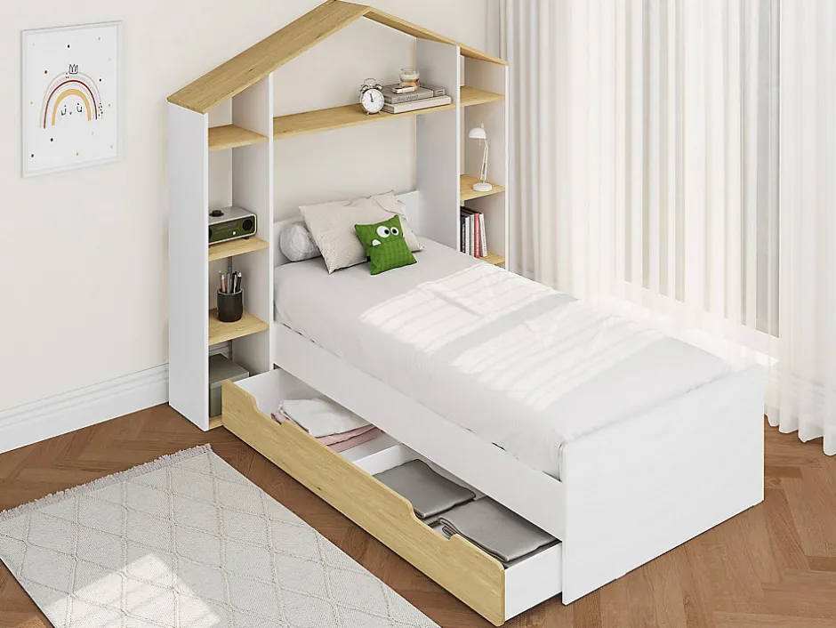 Enfant Vente-unique Lit cabane 90 x 190 cm - Coloris : Blanc et naturel + Matelas - JERACO