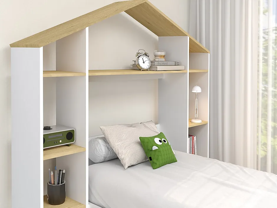 Enfant Vente-unique Lit cabane 90 x 190 cm - Coloris : Blanc et naturel + Matelas - JERACO