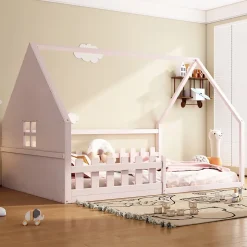 Okwish Lit cabane 140 x 200 cm - Lit double enfant avec barrières - Pin + MDF - Sans matelas - Rose Sale
