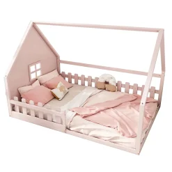 Okwish Lit cabane 140 x 200 cm - Lit double enfant avec barrières - Pin + MDF - Sans matelas - Rose Sale