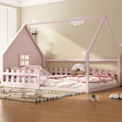 Okwish Lit cabane 140 x 200 cm - Lit double enfant avec barrières - Pin + MDF - Sans matelas - Rose Sale