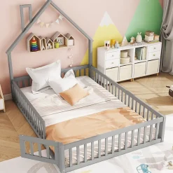 Okwish Lit Cabane 140 x 200 cm - Lit enfant Forme Cheminée - Pin + MDF - Sans Matelas - Gris Online