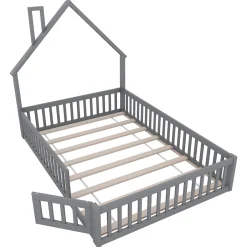 Okwish Lit Cabane 140 x 200 cm - Lit enfant Forme Cheminée - Pin + MDF - Sans Matelas - Gris Online