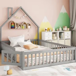 Okwish Lit Cabane 140 x 200 cm - Lit enfant Forme Cheminée - Pin + MDF - Sans Matelas - Gris Online