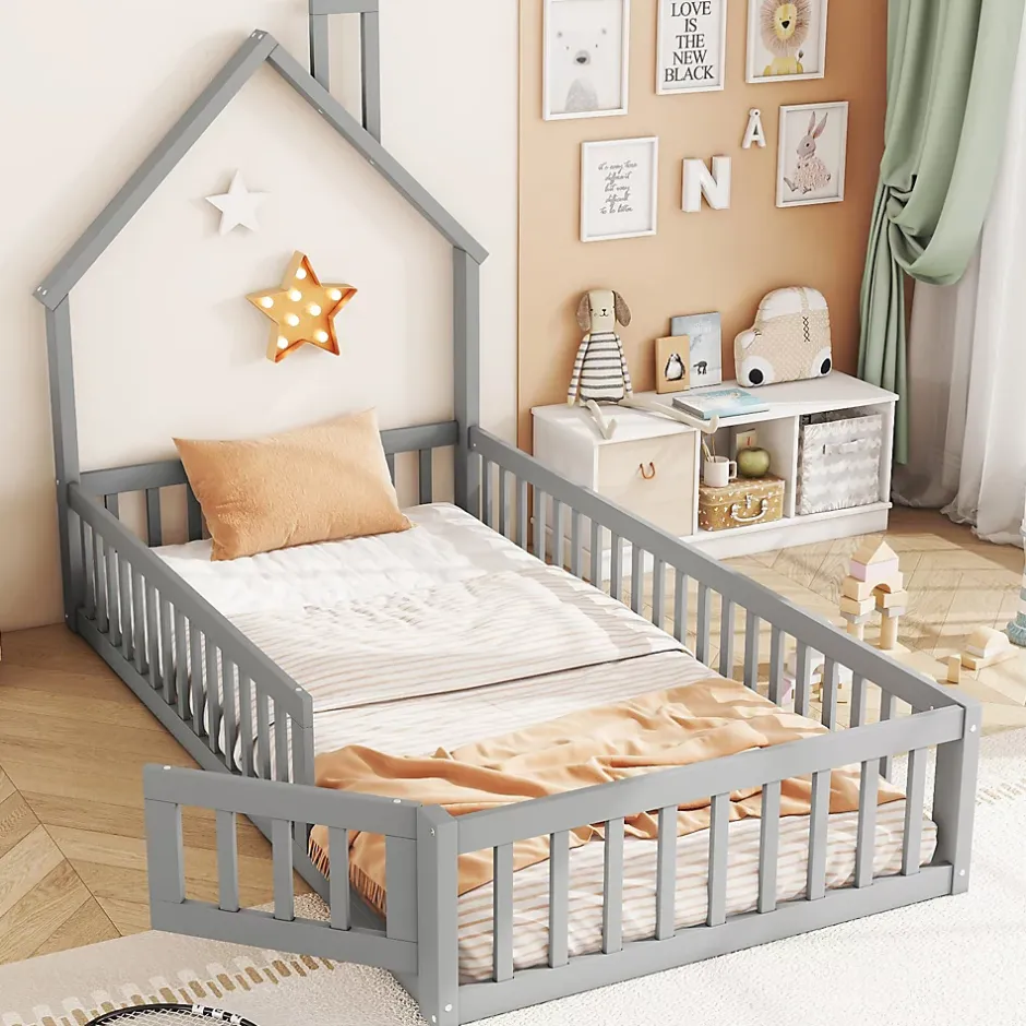 Okwish Lit Cabane 90 x 200 cm - Lit enfant Forme Cheminée - Pin + MDF - Sans Matelas - Gris New