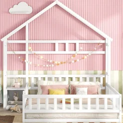 Enfant Okwish Lit Cabane 140 x 200 cm - Lit enfant avec Balustrade et Tables de Chevet - Bois + MDF - Sans Matelas - Blanc