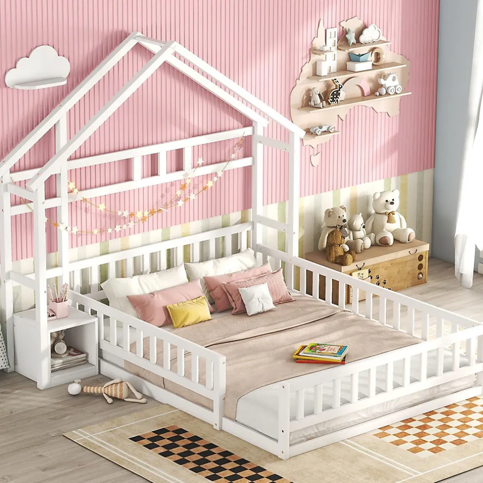 Enfant Okwish Lit Cabane 140 x 200 cm - Lit enfant avec Balustrade et Tables de Chevet - Bois + MDF - Sans Matelas - Blanc
