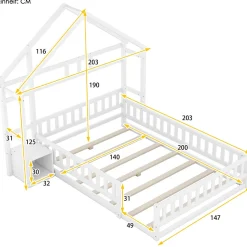 Enfant Okwish Lit Cabane 140 x 200 cm - Lit enfant avec Balustrade et Tables de Chevet - Bois + MDF - Sans Matelas - Blanc
