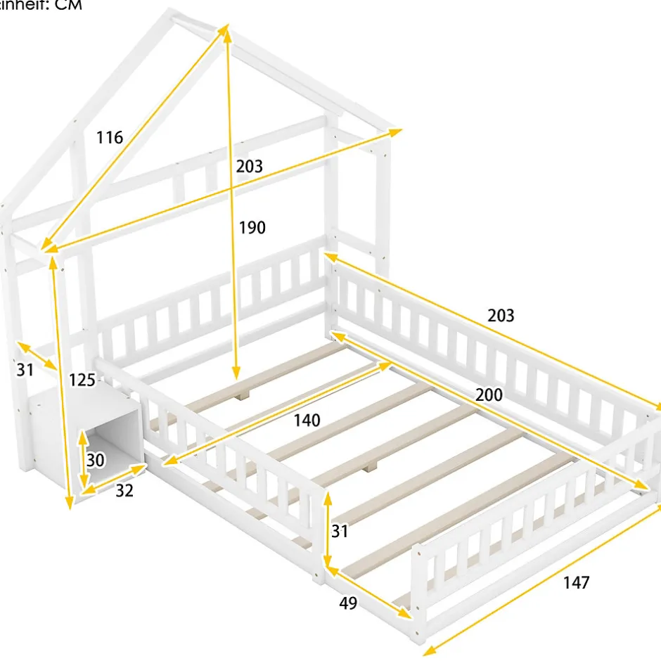 Enfant Okwish Lit Cabane 140 x 200 cm - Lit enfant avec Balustrade et Tables de Chevet - Bois + MDF - Sans Matelas - Blanc